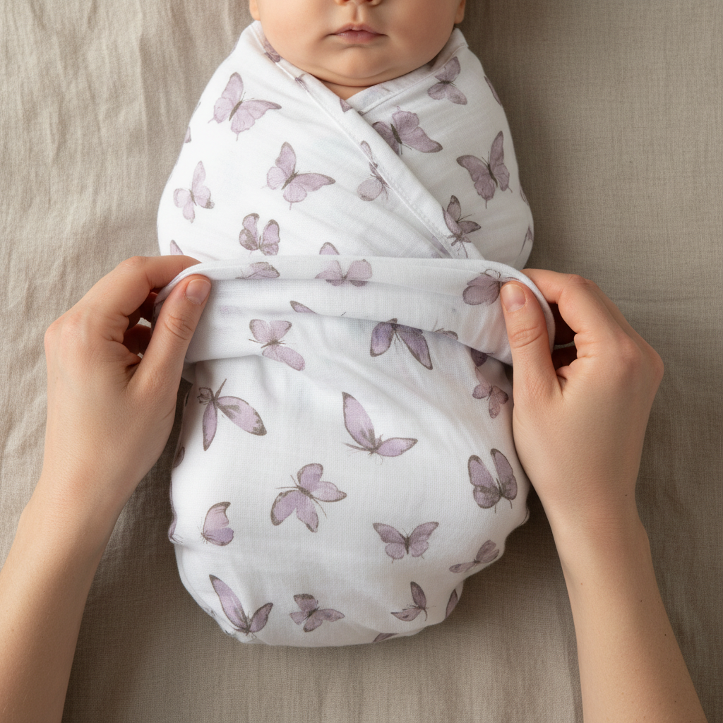 Bébé emmailloté papillons