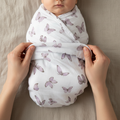 Bébé emmailloté papillons