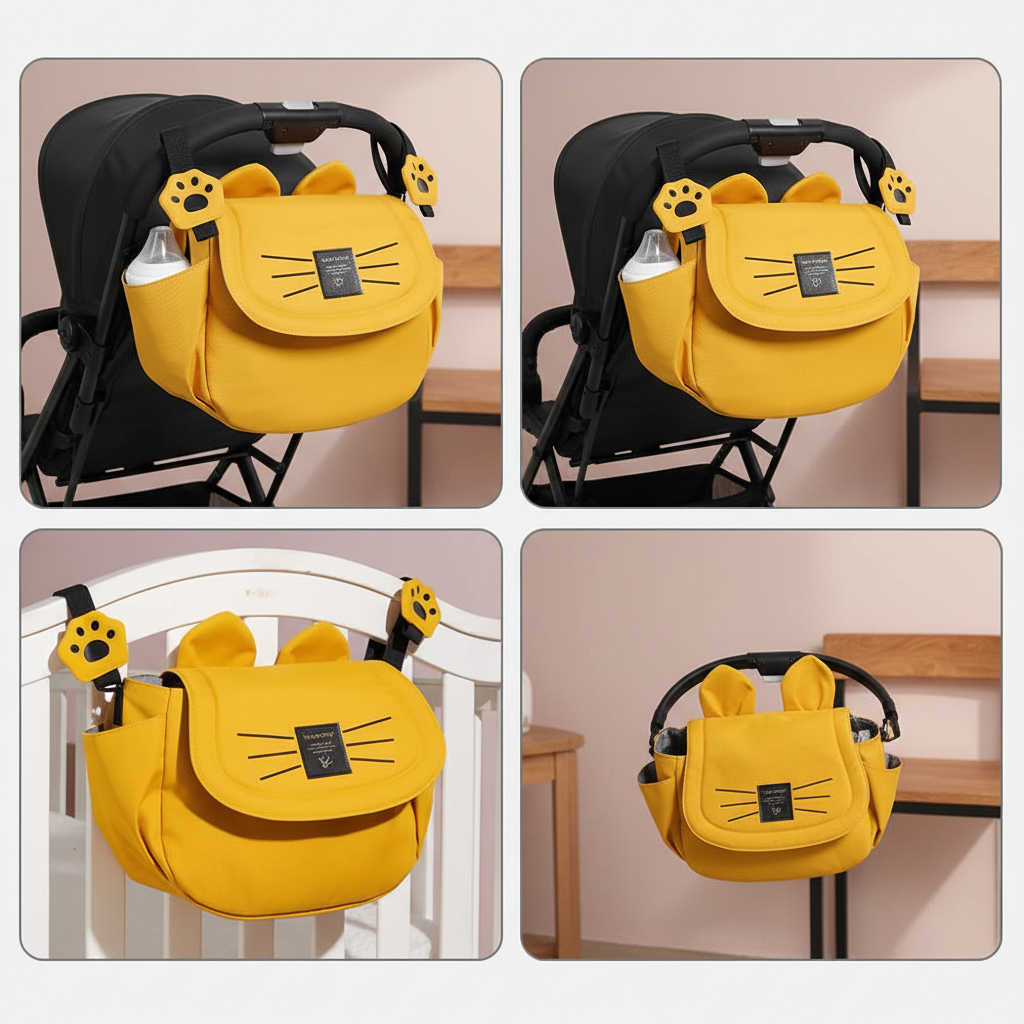 Sac organisateur poussette chat jaune sur poussette, tons beige et nude
