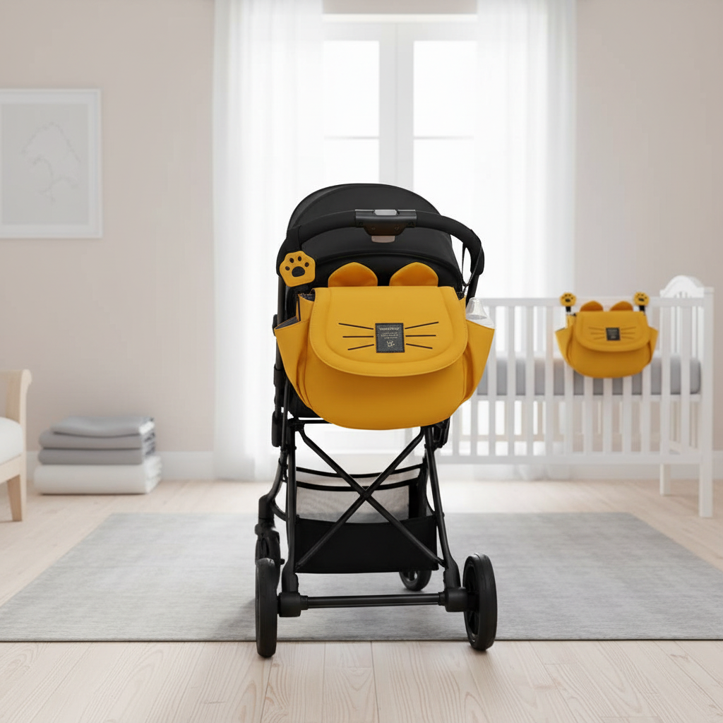 Sac organisateur poussette motif chat jaune sur poussette blanche en nurserie