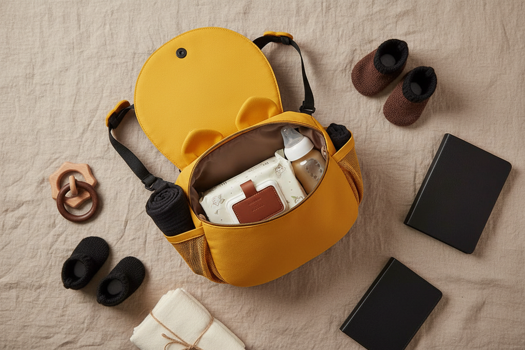 Flat lay sac organisateur chat jaune sur lin beige avec accessoires bébé