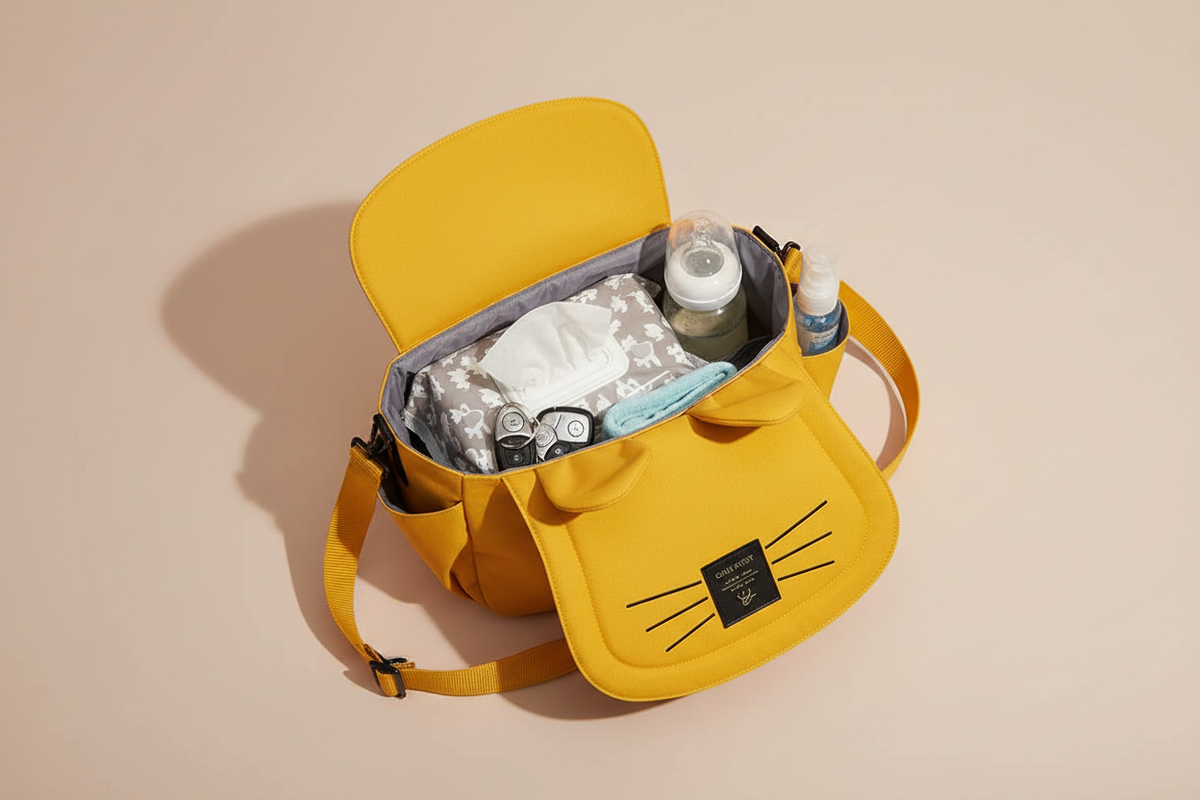 Vue à plat du sac organisateur chat jaune avec essentiels bébé