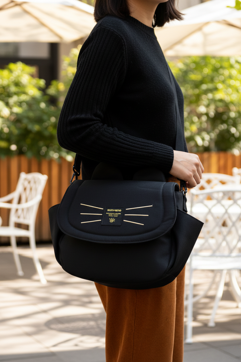 Sac organisateur chat noir porté en bandoulière lifestyle extérieur