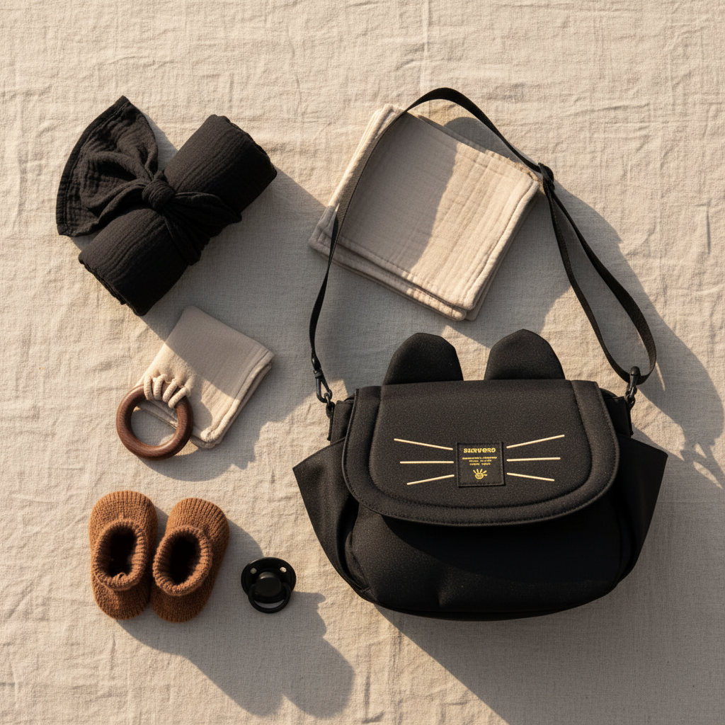 Sac organisateur chat noir sur surface beige, style premium lifestyle